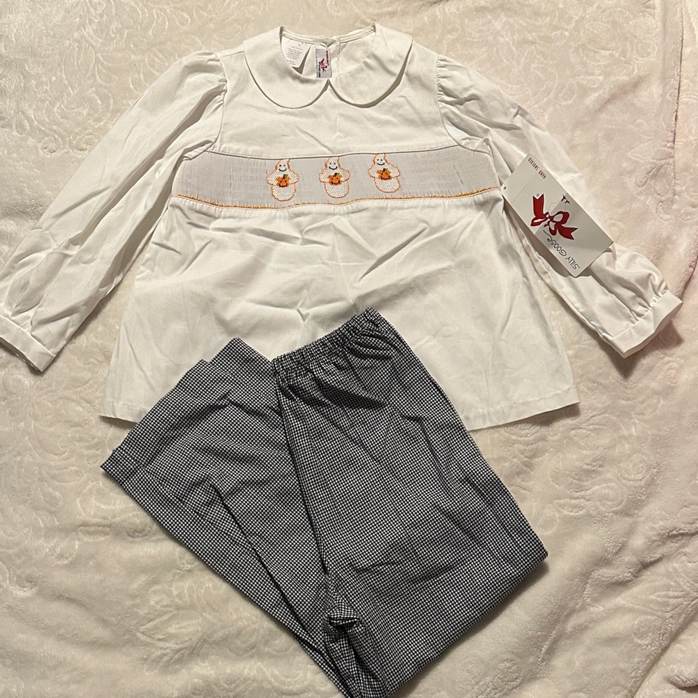 Silly Goose Hand Smocked Ghost/Pumpkin Halloween Set Sz 6x NWT